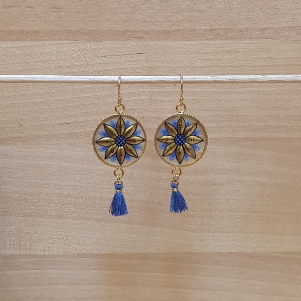 Brincos de ouro/azul com gota de flor
