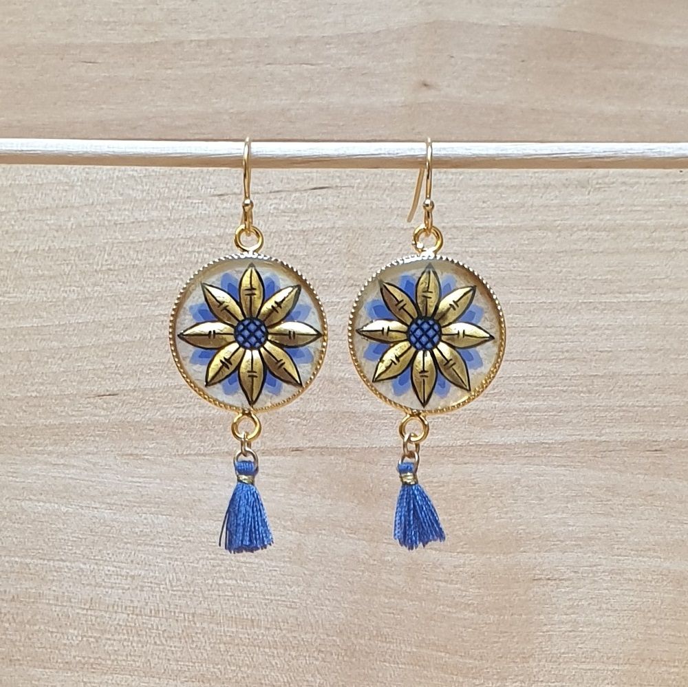 Brincos de ouro/azul com gota de flor