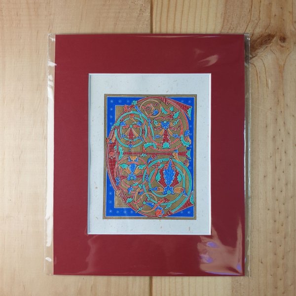 Letra E iluminada em estilo g&oacute;tico primitivo