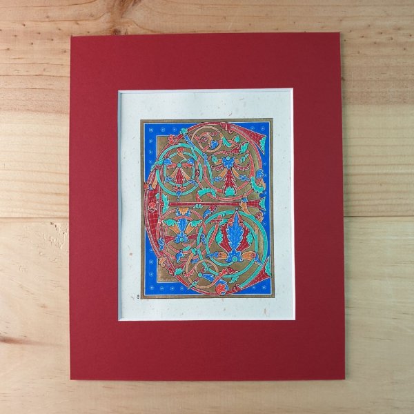 Letra E iluminada em estilo g&oacute;tico primitivo