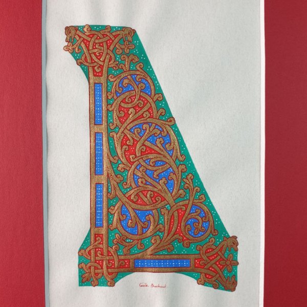 Letra L iluminada em estilo ottoniano