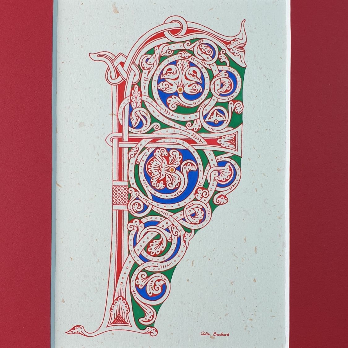 Letra F iluminada em estilo românico