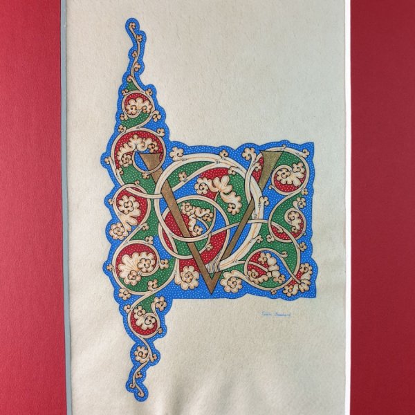 Letra iluminada V "videira branca