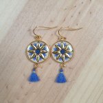 Brincos de ouro/azul com gota de flor