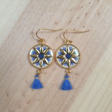 Brincos de ouro/azul com gota de flor